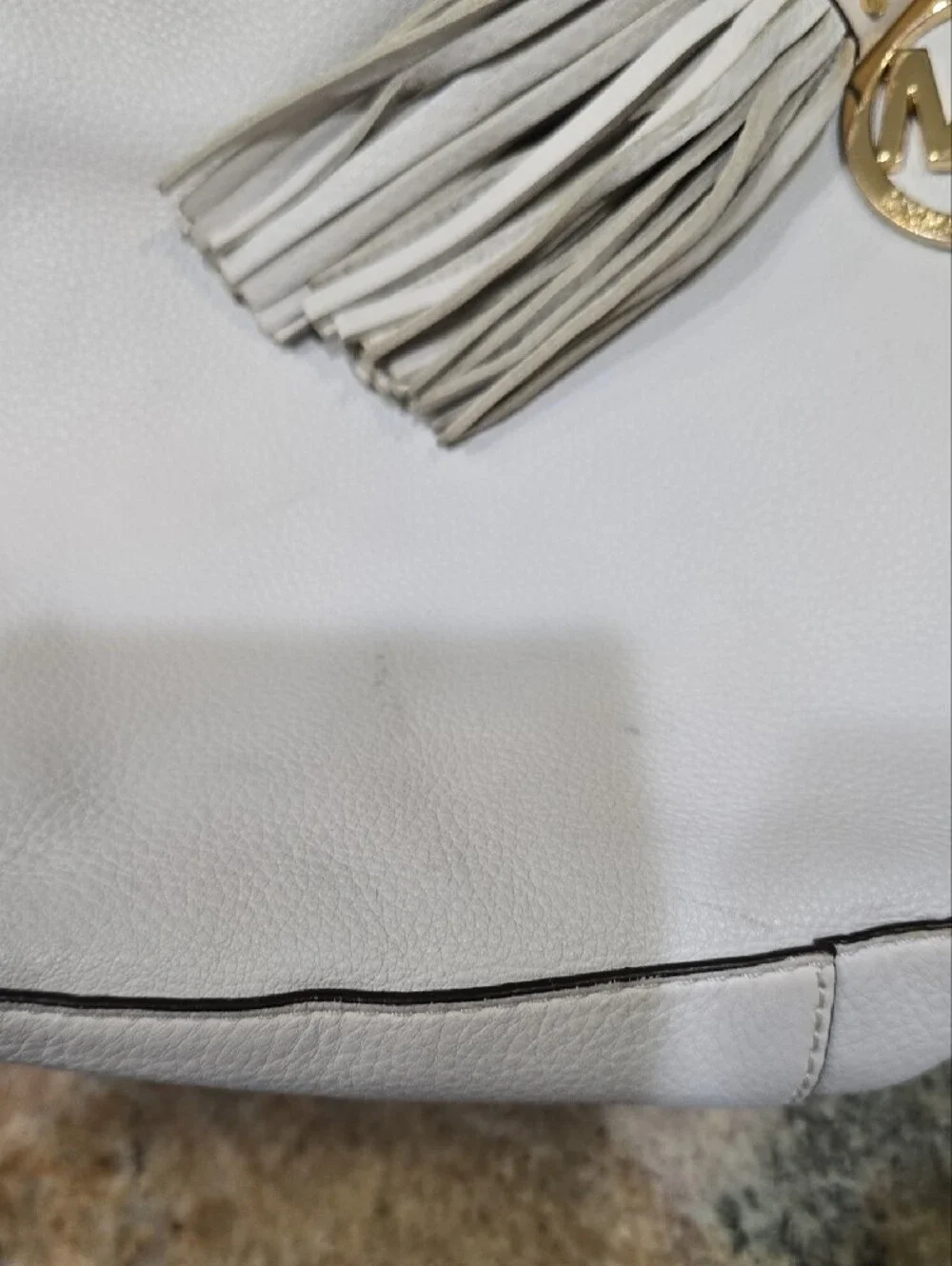 Michael Kors Off White Leather Hobo Bag Purse with Tassel and Gold MK Charm